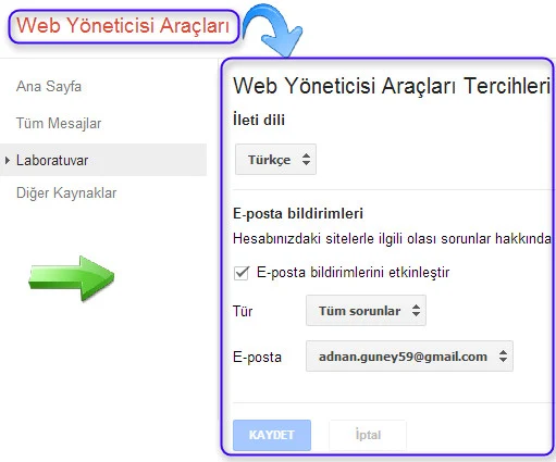 Web yönetici araçları ayarlar sekmesi