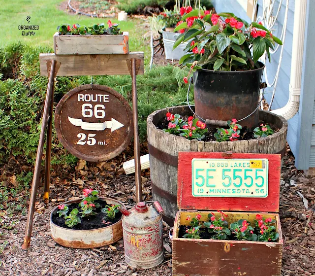 Junk Garden Vignette with Wax and Dragon Wing Begonias