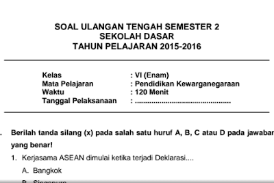 Soal UTS PKn Semester 2 Kelas 6 SD Tahun 2016