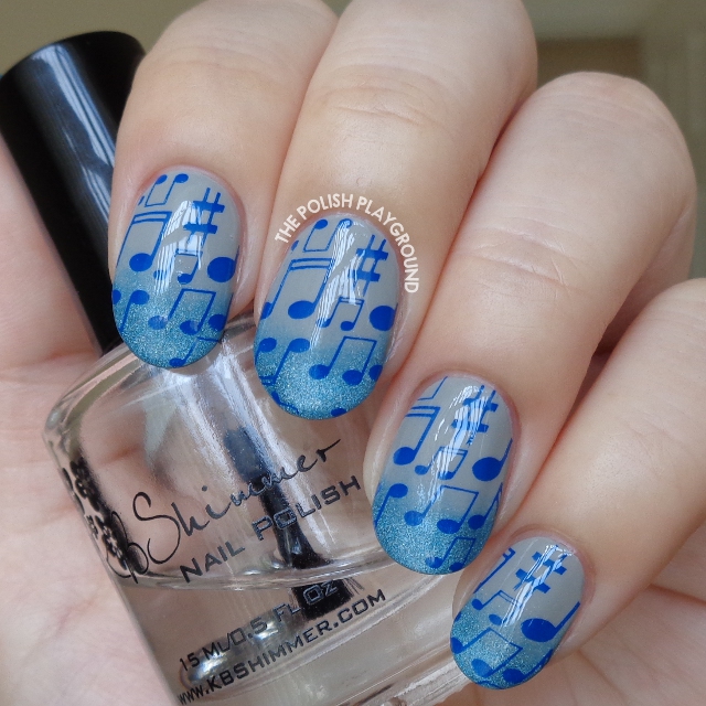 Blue Holo Gradient Tips with Musical Notes Stamping Nail Art