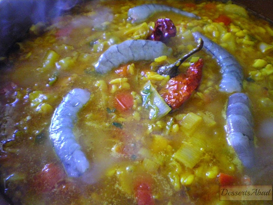 Arroz con bacalao y langostinos (Añadido de langostinos)