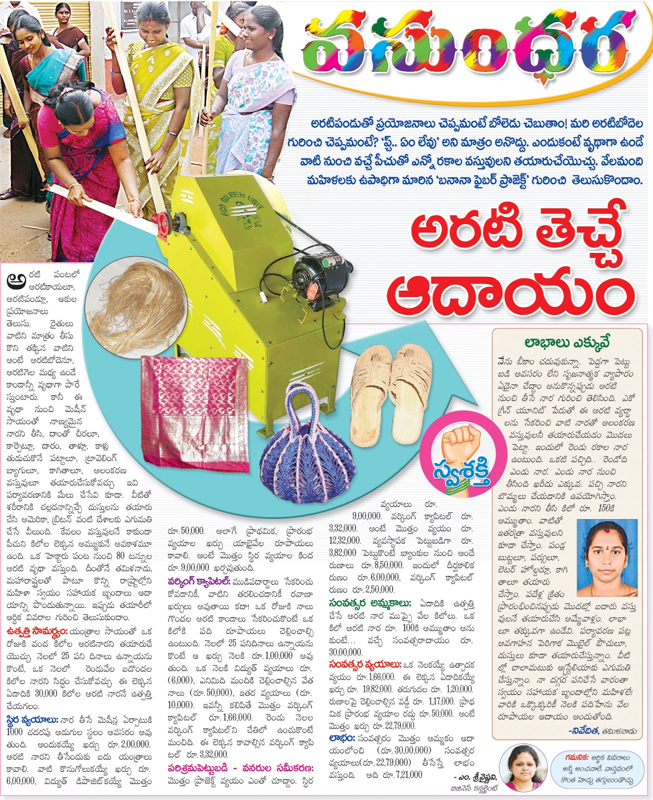 Eco Green Unit Banana fibre Article released in EENAADU,Telugu daily