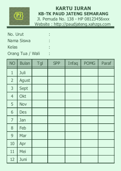 Contoh Kartu Spp Paud Pembayaran Iuran Anak Didik Paud