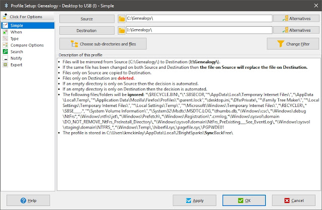 Screen capture of SyncBackFree profile for creating a mirror backup