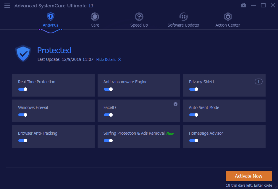 Antivirus Tab in ASC Ultimate Advanced SystemCare Ultimate Protection Module Screenshot