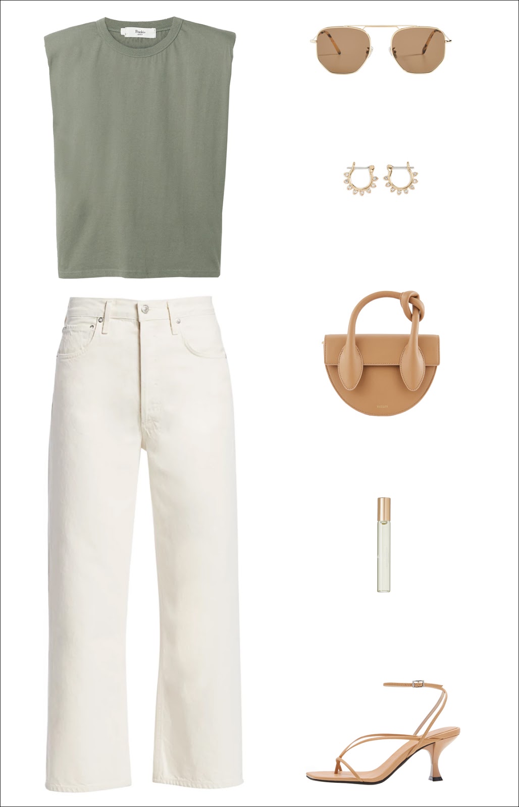 Summer Outfit Idea: The Frankie Shop padded-shoulder muscle tank top, statement sunglasses, cool small hoop earrings, a neutral mini bag, high-waisted white jeans, and neutral strappy sandals