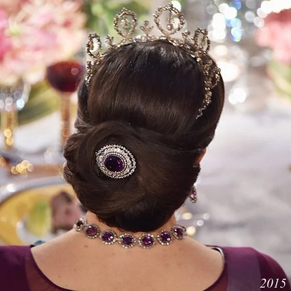 Showy hairstyle of Crown Princess Victoria of Sweden at Nobel Prize ceremonies in the years of 2015 and 2014 and 2012,  Dresses, Gown, Jewelry, Tiara, Weddings Dress