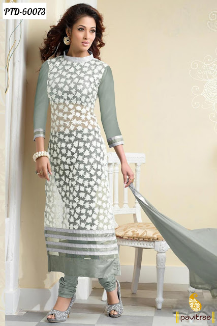 New Stylish Designer Grey Santoon Party Wear Churidar Salwar Kameez Dresses Online Shopping with Discount Offer Prices at pavitraa.in
