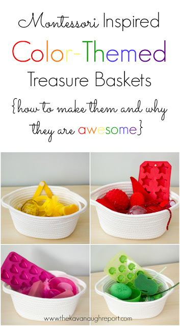 Montessori inspired color themed treasure baskets for babies and toddlers. How to make these treasure baskets and why they are great.