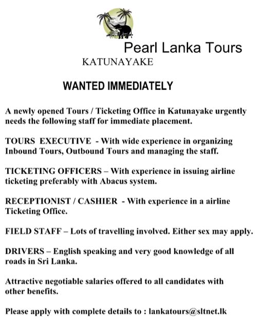 Vacancies for Tours Executive, Ticketing Officers, Receptionist