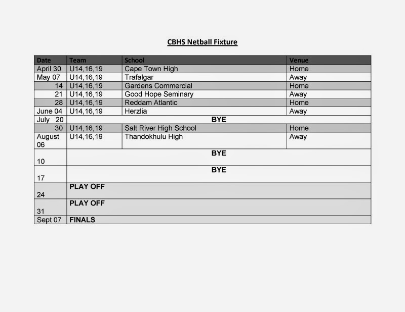 Time Table Netball Camps Bay High School: CBHS Netball Fixtures Calendar 2nd Term - Apr '15