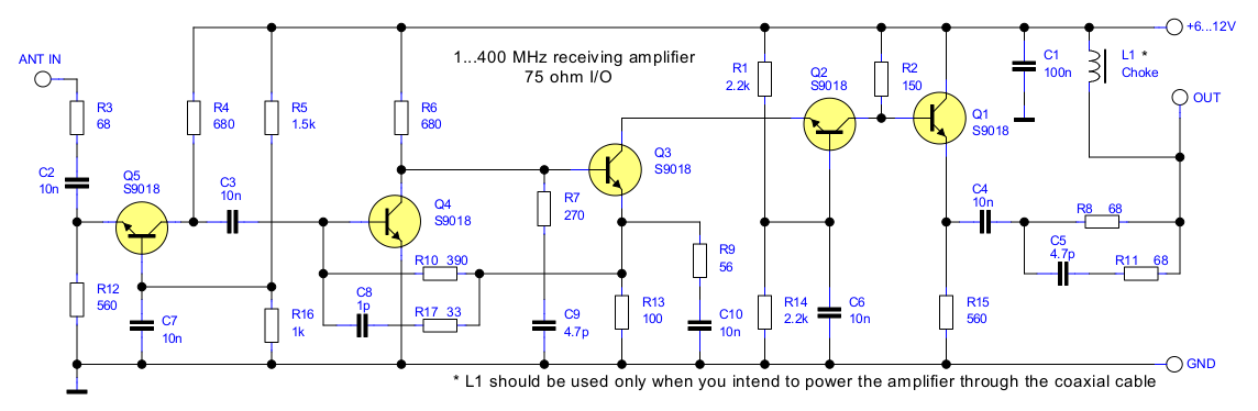 HF & VHF antenna amplifier without coils · One Transistor