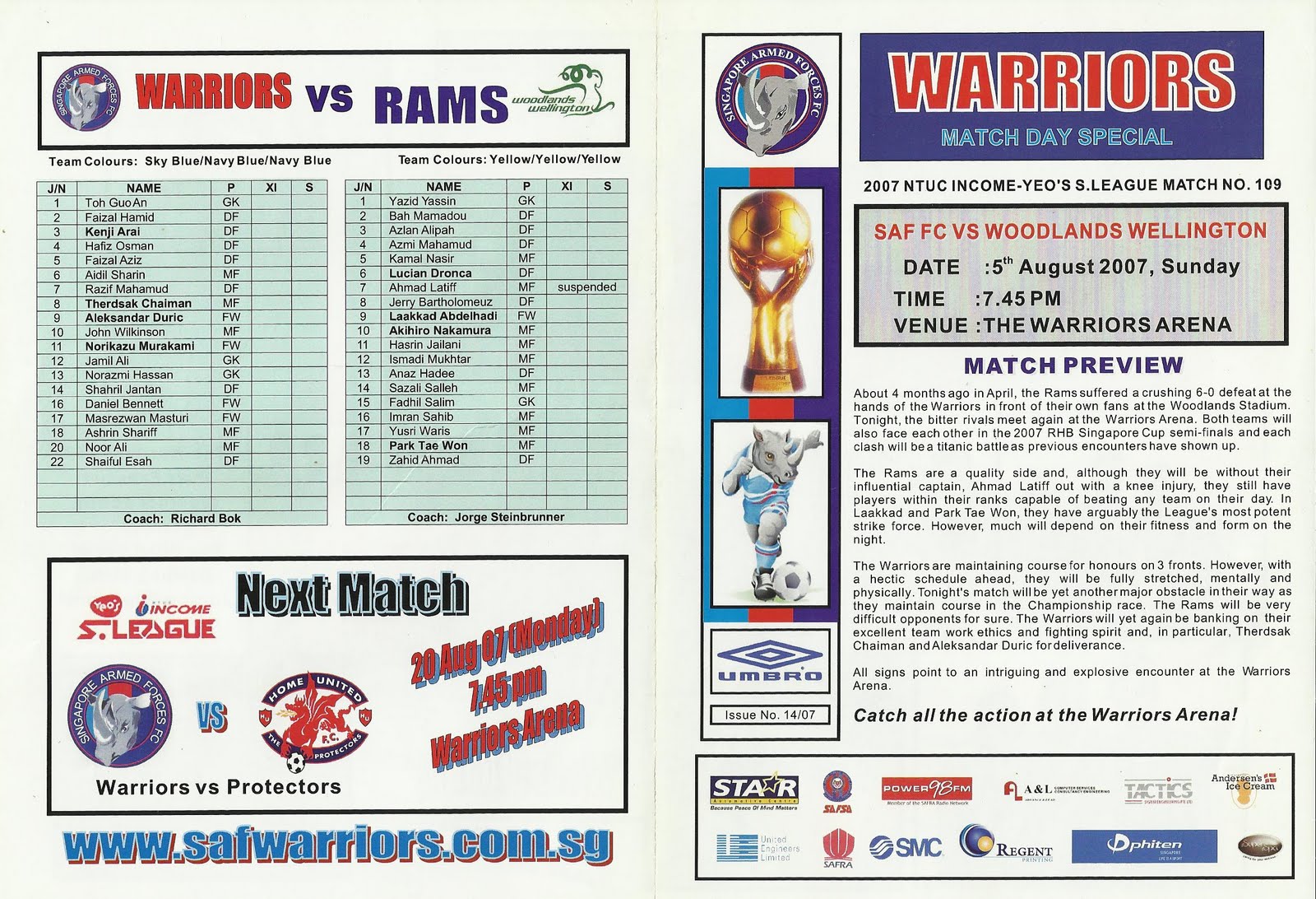 Asian Football Memorabilia SAFFC v Woodlands Wellington Programme