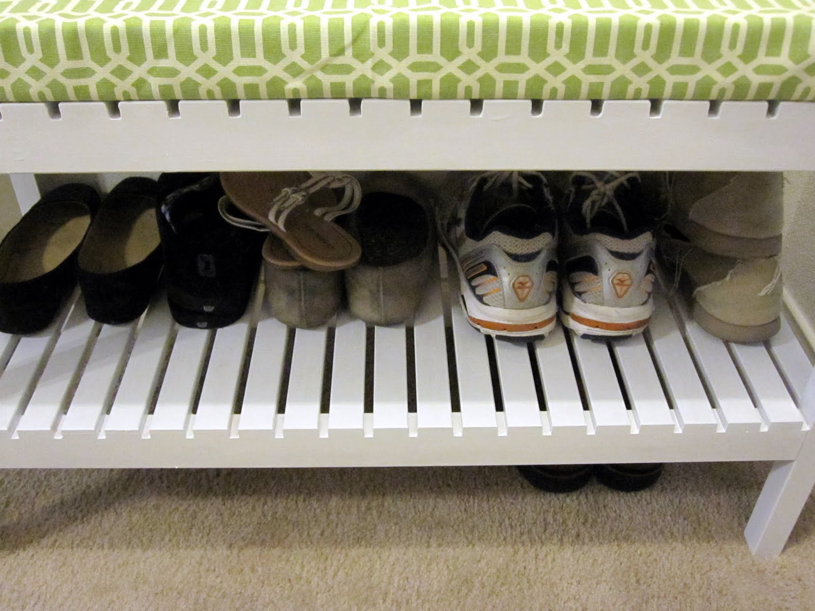 home, thrifty home: IKEA shower bench turned shoe storage
