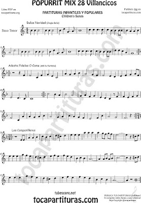 Saxo Tenor Partitura Dulce Navidad, Adeste Fideles y Los Campanilleos Villancicos Popurrí Mix 28 Sheet Music for Tenor Saxophone Music Scores