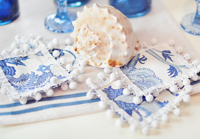 DIY Pom Pom Cocktail Napkins or Coasters, blue and white