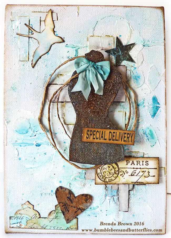 Bumblebees and Butterflies Mixed media canvas board Dress form card