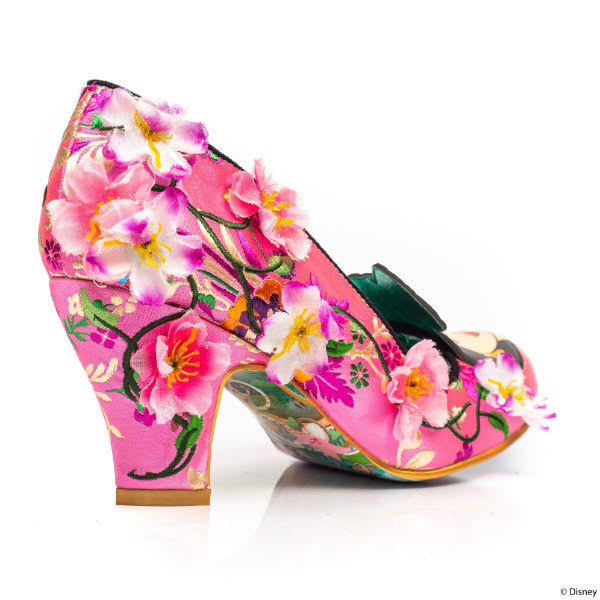 Irregular Choice Let Dreams Blossom back back angle of pink floral shoe with flowers on it and mid heel