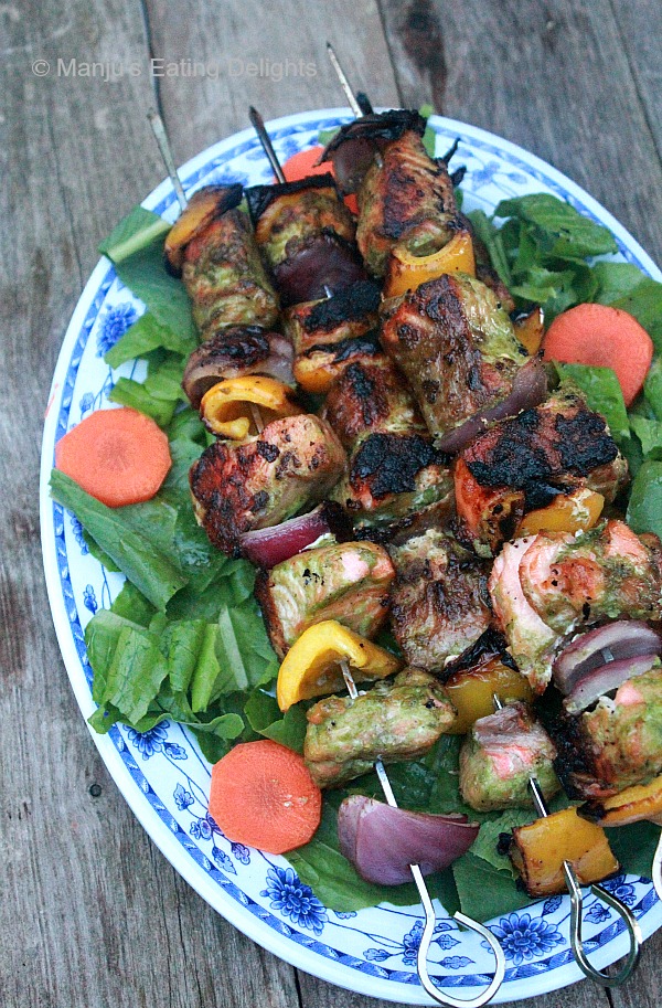 Manju's Eating Delights Grilled Salmon Kebabs with basil pesto marinade