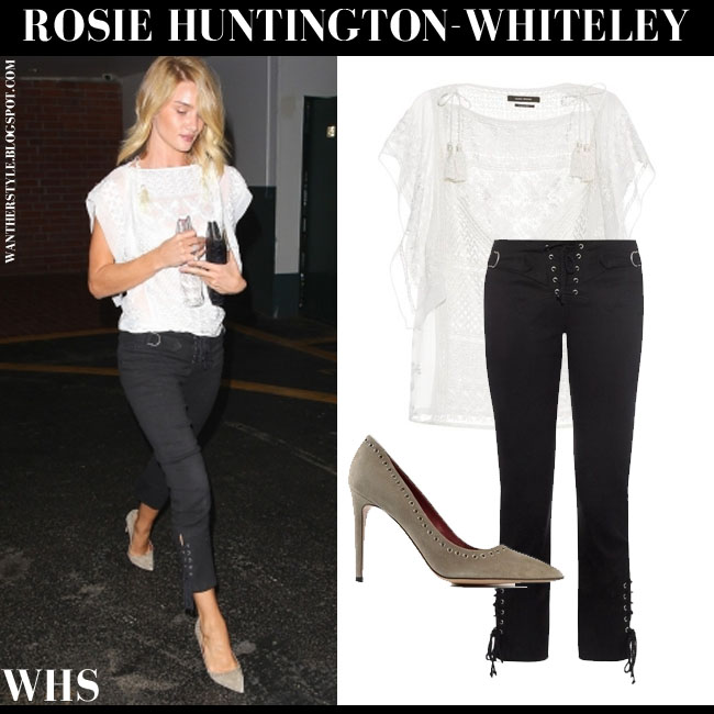 Rosie Huntington-Whiteley in white top with black cropped linen trousers and suede pumps in Melrose on June 11 ~ want her style - What celebrities wore to buy