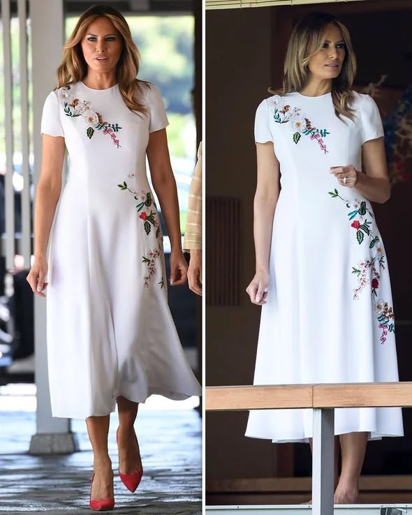 Melania Trump wears $7406 white Carolina Herrera dress as she meets ...