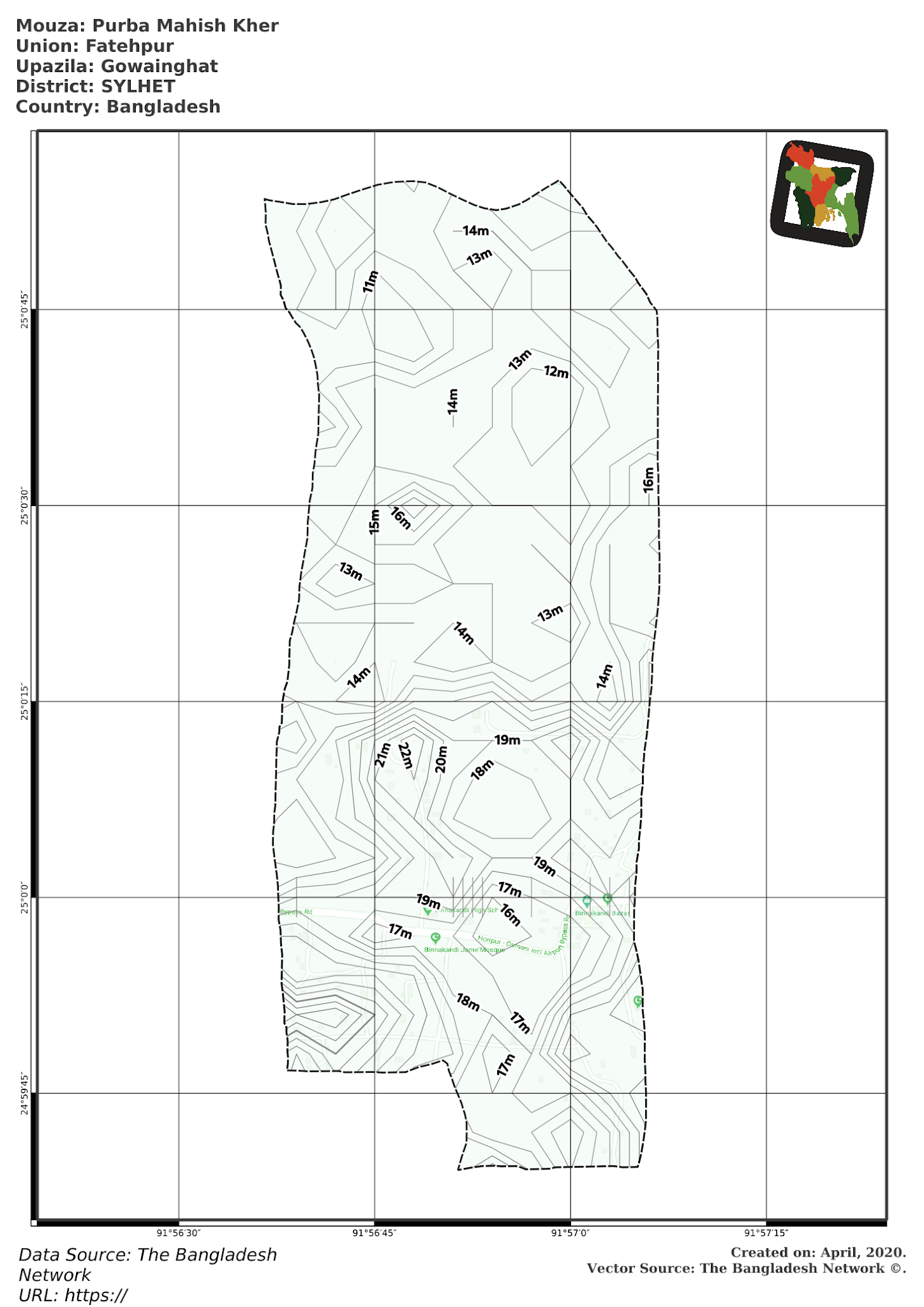 Map of Purba Mahish Kher Mouza of Gowainghat Upazila, SYLHET, Bangladesh.