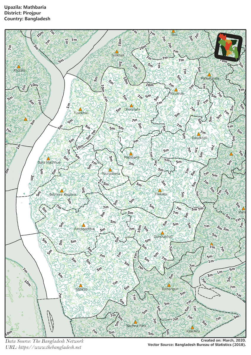 Mathbaria Upazila Elevation Map Pirojpur District Bangladesh