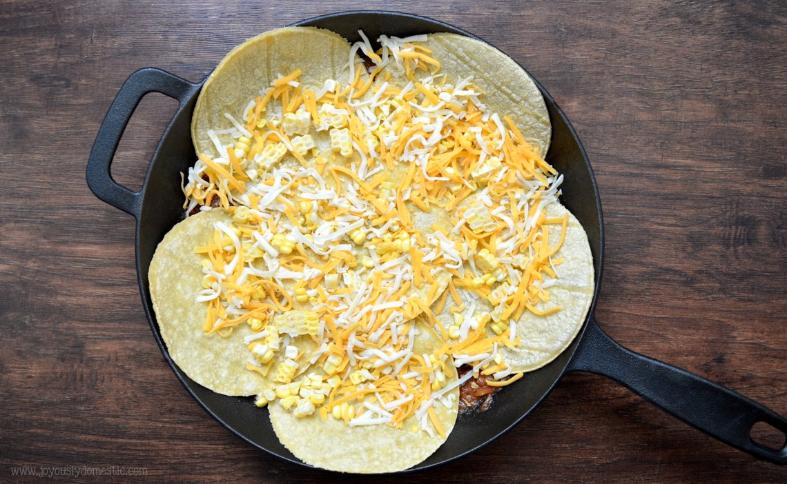 Joyously Domestic Cheesy Stacked Enchilada Skillet Bake