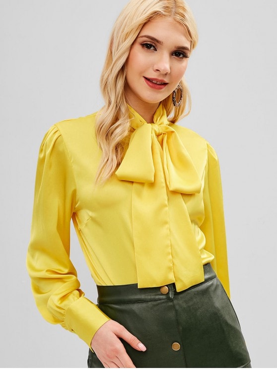 ZAFUL Bow Neck Button Up Satin Shirt - Yellow - Chic Fashion Royale