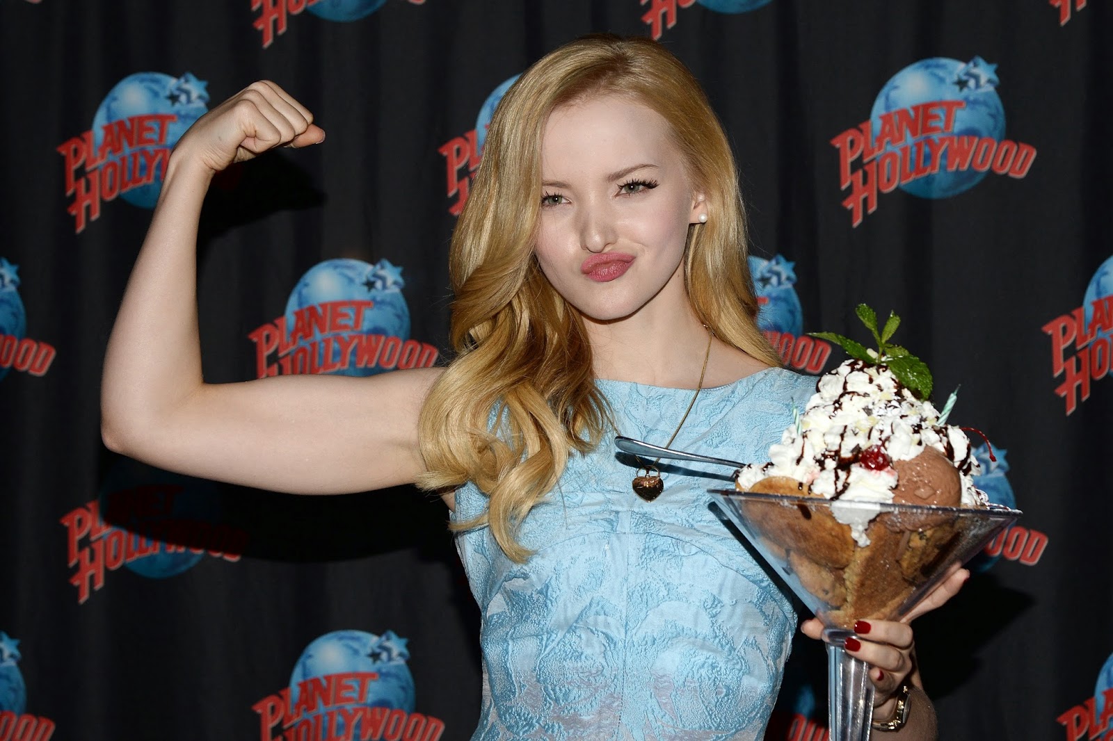 Dove Cameron Celebrates Her Birthday In Light Beautiful Blue Dress At Planet Hollywood In Times
