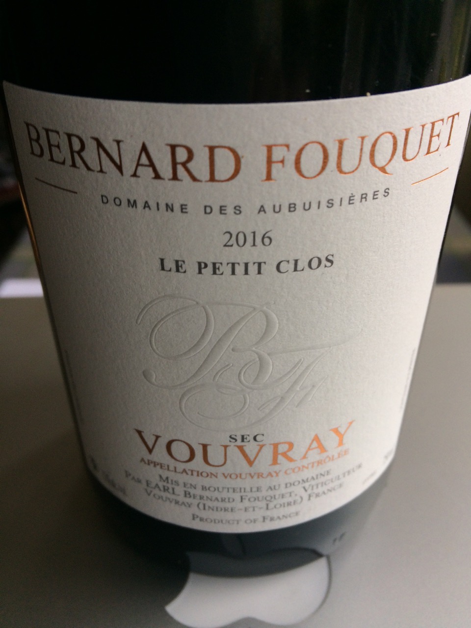 Jim's Loire 2016 Le Petit Clos, Vouvray sec, Bernard Fouquet Domaine des Aubuisières