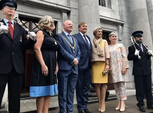 Queen Maxima's outfit is by Belgian fashion house Natan. mayor Cllr Christopher O'Sullivan. Natan pumps.