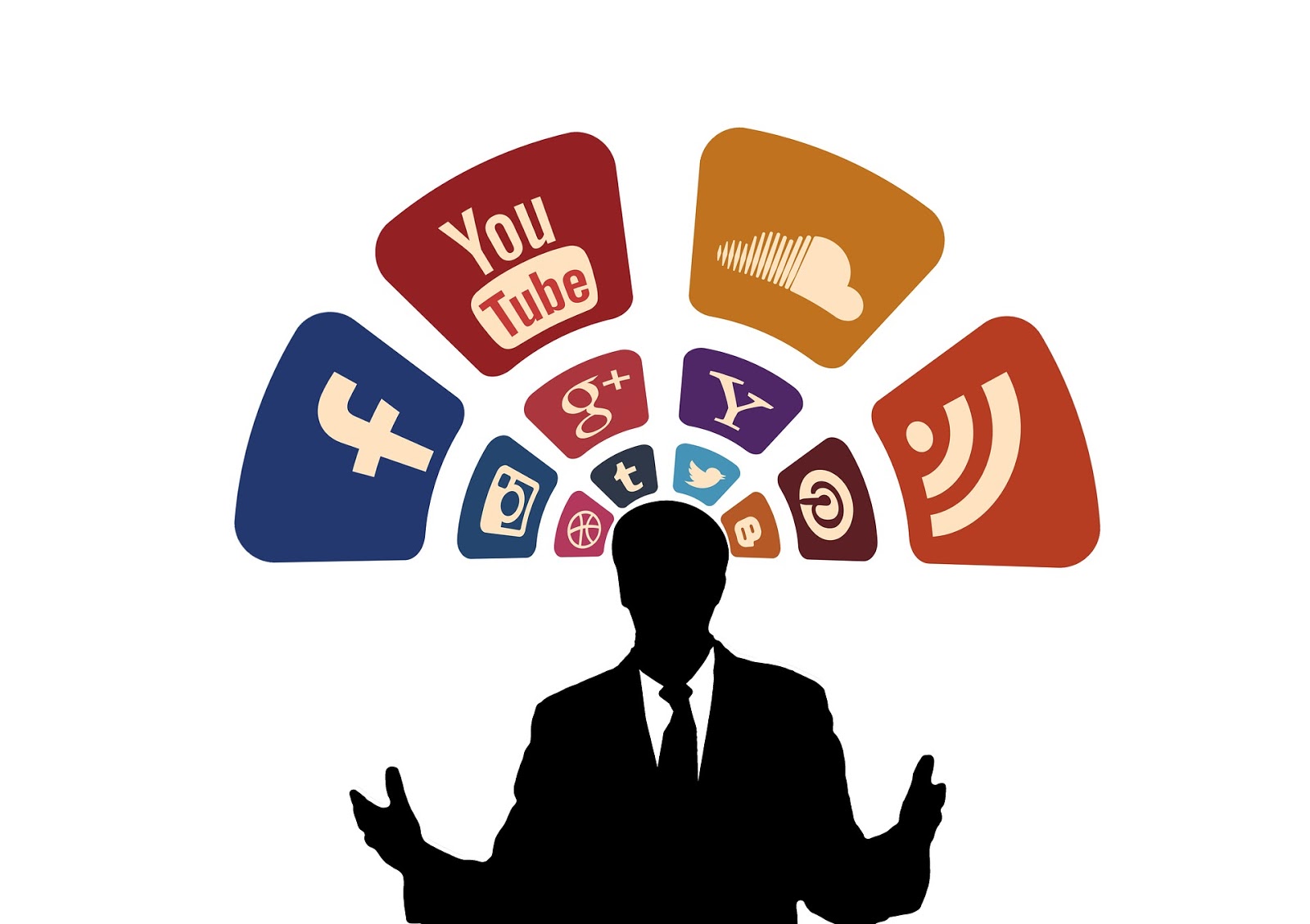 Man in suit with several social and digital icons above his head.
