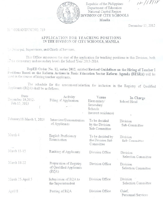 Department of Education Manila Schedule of Application for Teaching Positions at DepED Manila