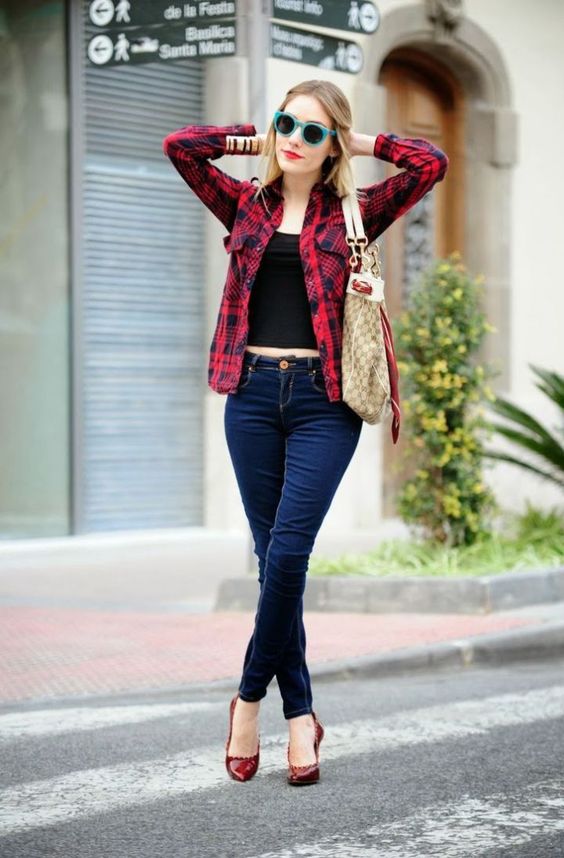 red check shirt and black jeans
