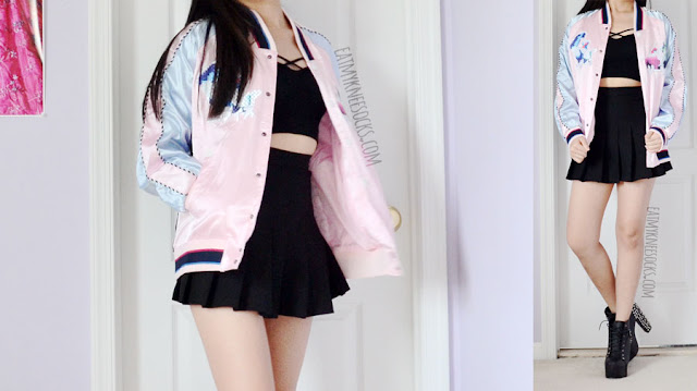 SheIn Fashion Review: Denim Jacket, Silk Robe, Floral Romper + Pastel Bomber Powder pink and pastel sky blue satin souvenir jacket from SheIn, a dupe of the Evisu Fusion jacket, with colorblocked silky sleeves, pixel embroidery, and denim paneling.