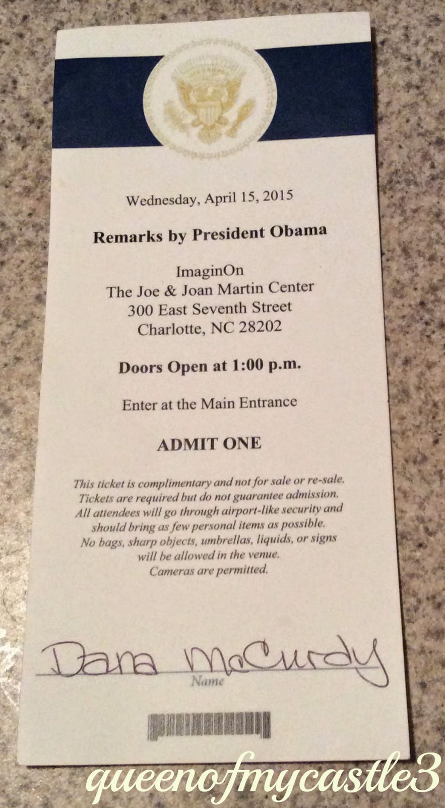 My ticket to see the President