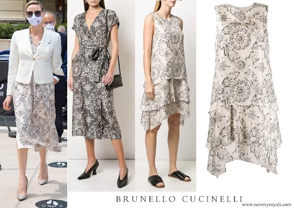 Princess Charlene wore Brunello Cucinelli Exotic silk pongee dress