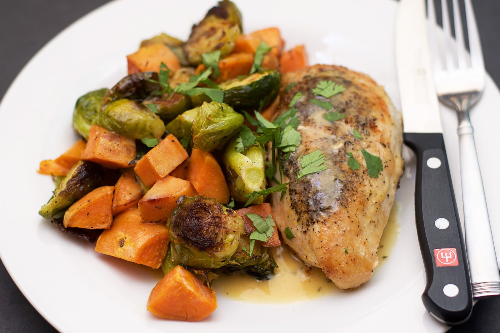 Healthy Oven Roasted Chicken Brussel Sprouts and Sweet Potato Dinner