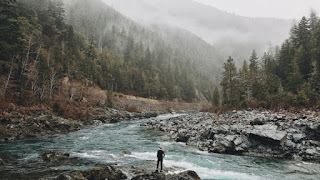 stream, river, fog, rocks by river