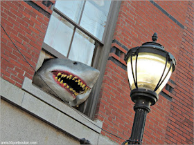Decoraciones de Halloween en Massachusetts: Un Tiburón en una Ventana de Salem