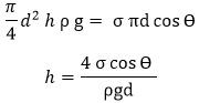 π/4 d^2  h ρ g= σ πd cosϴ h=(4 σ cosϴ  )/ρgd capillary fall equation of height