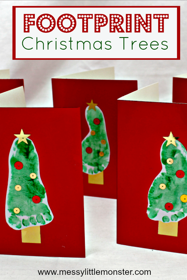 Footprint Christmas tree keepsake craft for kids. An easy Christmas greeting card idea for babies, toddlers and preschoolers.