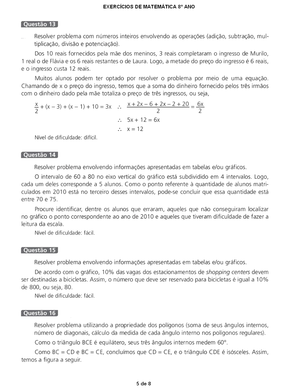 MATEMÁTICA 8° ANO 190 ATIVIDADES COM GABARITO EXERCÍCIOS PROVAS
