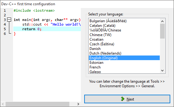 Change language in dev c++ Change language in dev c++