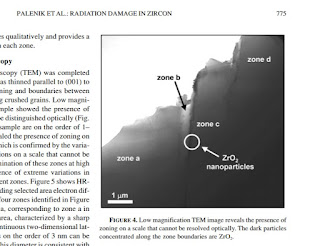 ジルコンの放射能によるダメージで生じたジルコニア(二酸化ジルコニウム)のTEM画像
