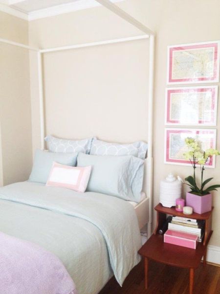 soft and feminine, turquoise and pink bedroom 