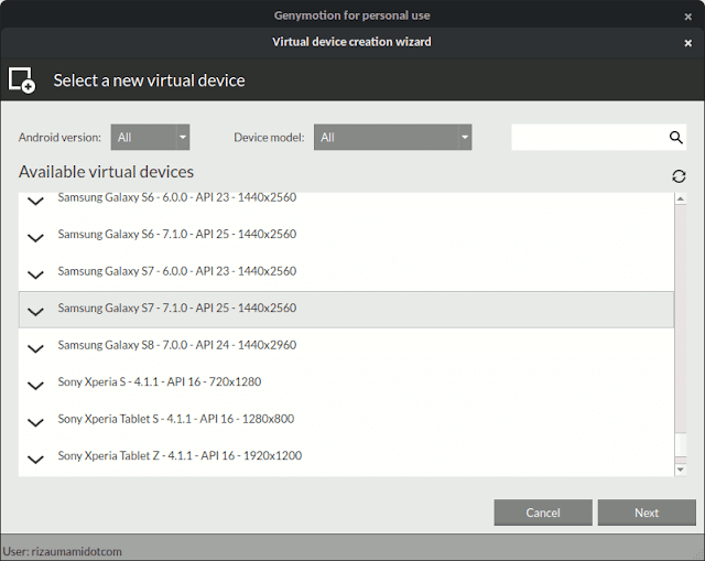 Jendela Genymotion untuk memilih jenis perangkat Android virtual yang hendak diunduh Jendela Genymotion untuk memilih jenis perangkat Android virtual yang hendak diunduh