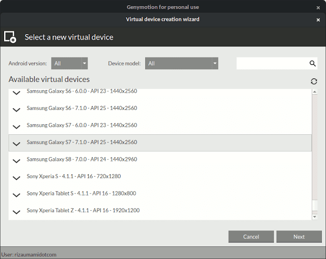 Jendela Genymotion untuk memilih jenis perangkat Android virtual yang hendak diunduh