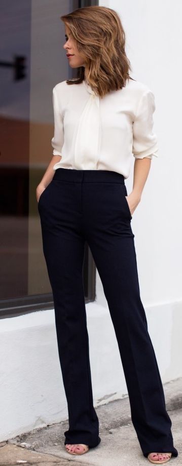 Office look | White blouse and high waisted flared pants | Just a ...